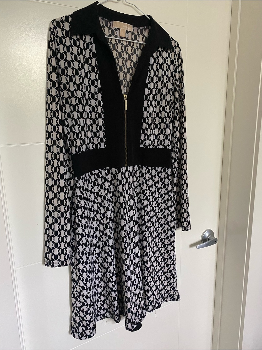 Michael Kors Black and White Geometric Long Sleeve Zip Dress